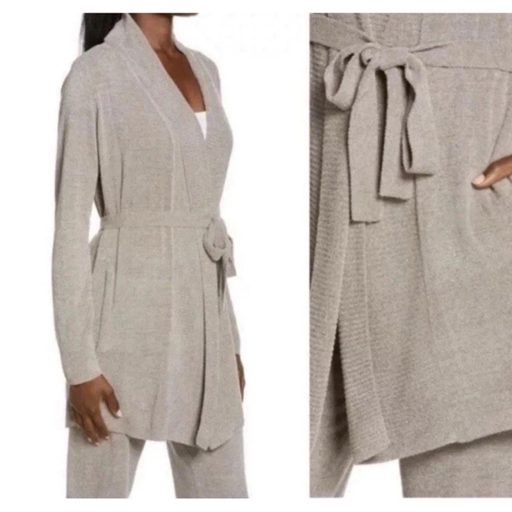 Barefoot Dreams CozyChic Ultralight Cinch Waist Tie Front Long Tan Cardigan, XL